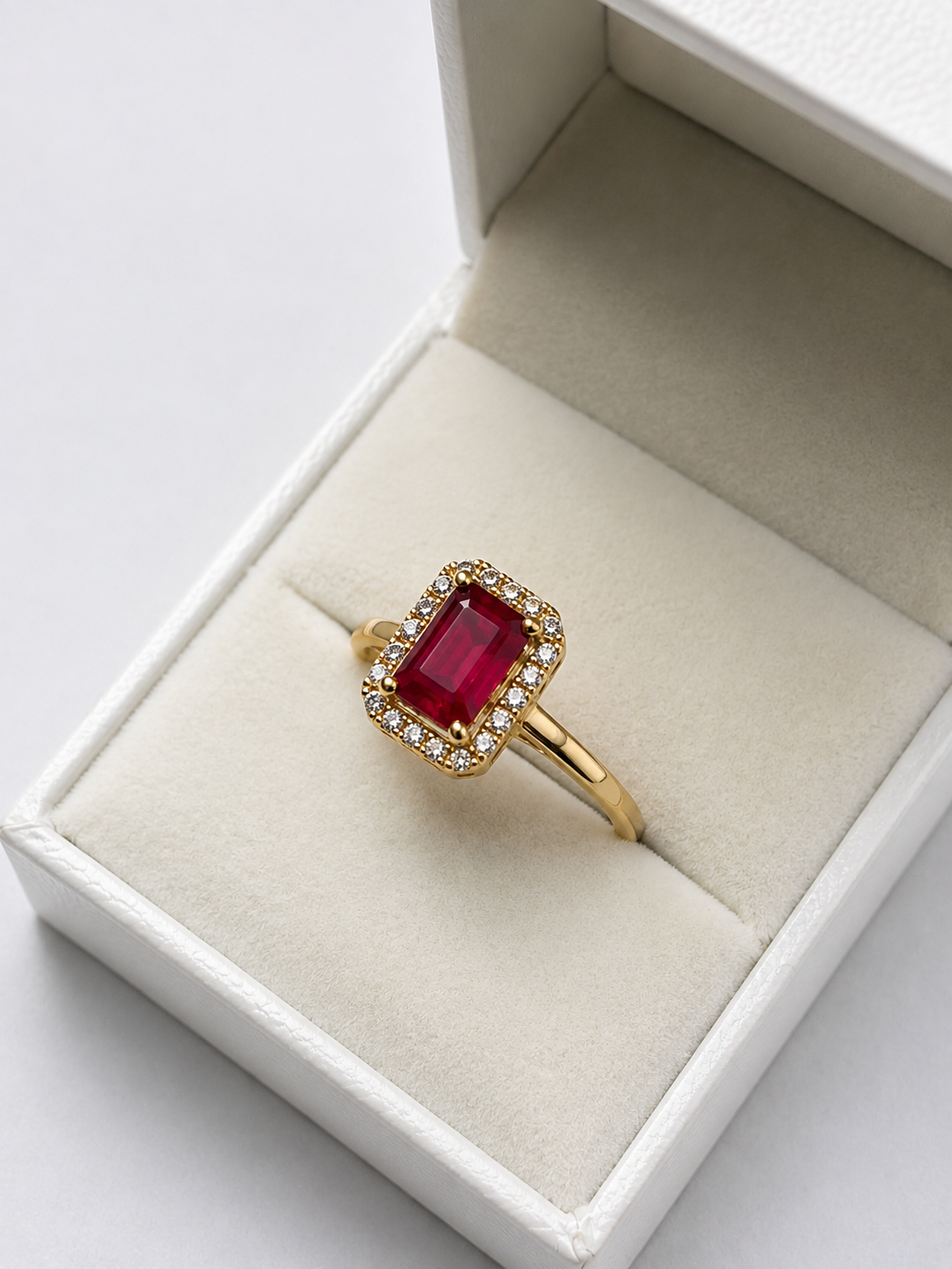 Anillo de rubi con halo de diamante en oro 14k
