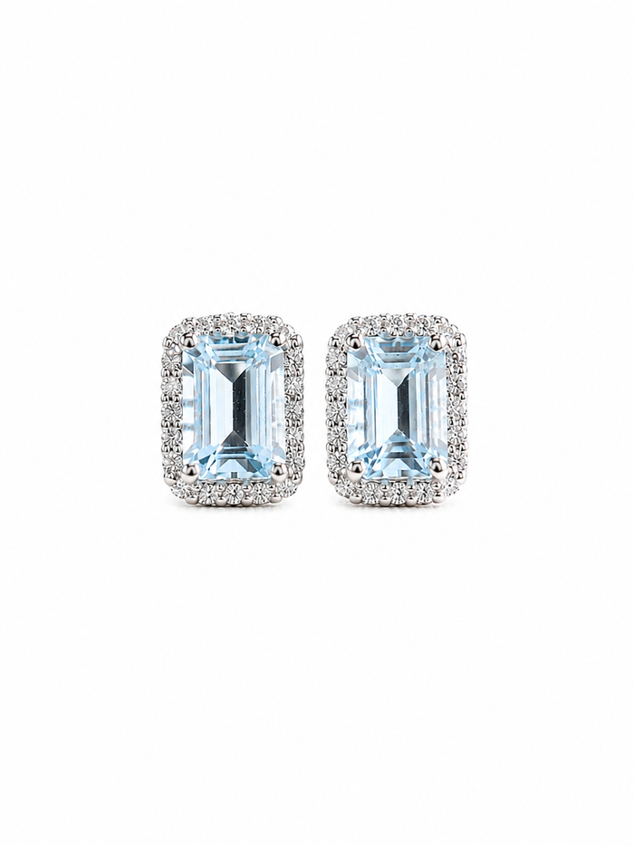 Aretes de aguamarina con halo de diamantes en oro 14k