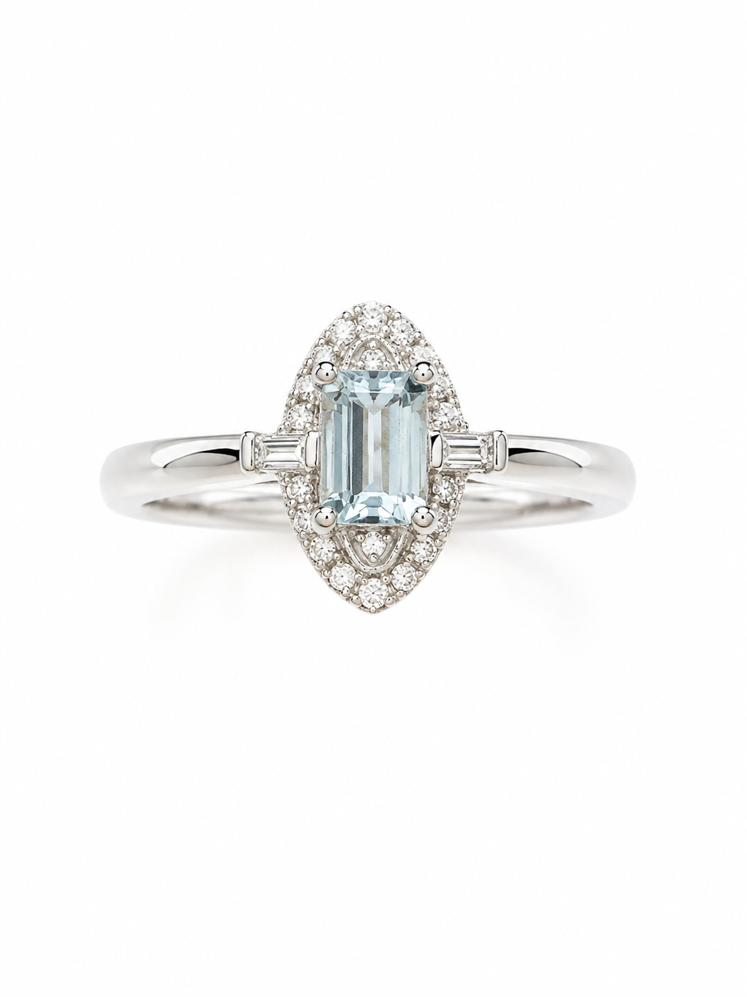 Anillo aguamarina con halo de diamantes en oro blanco 14k