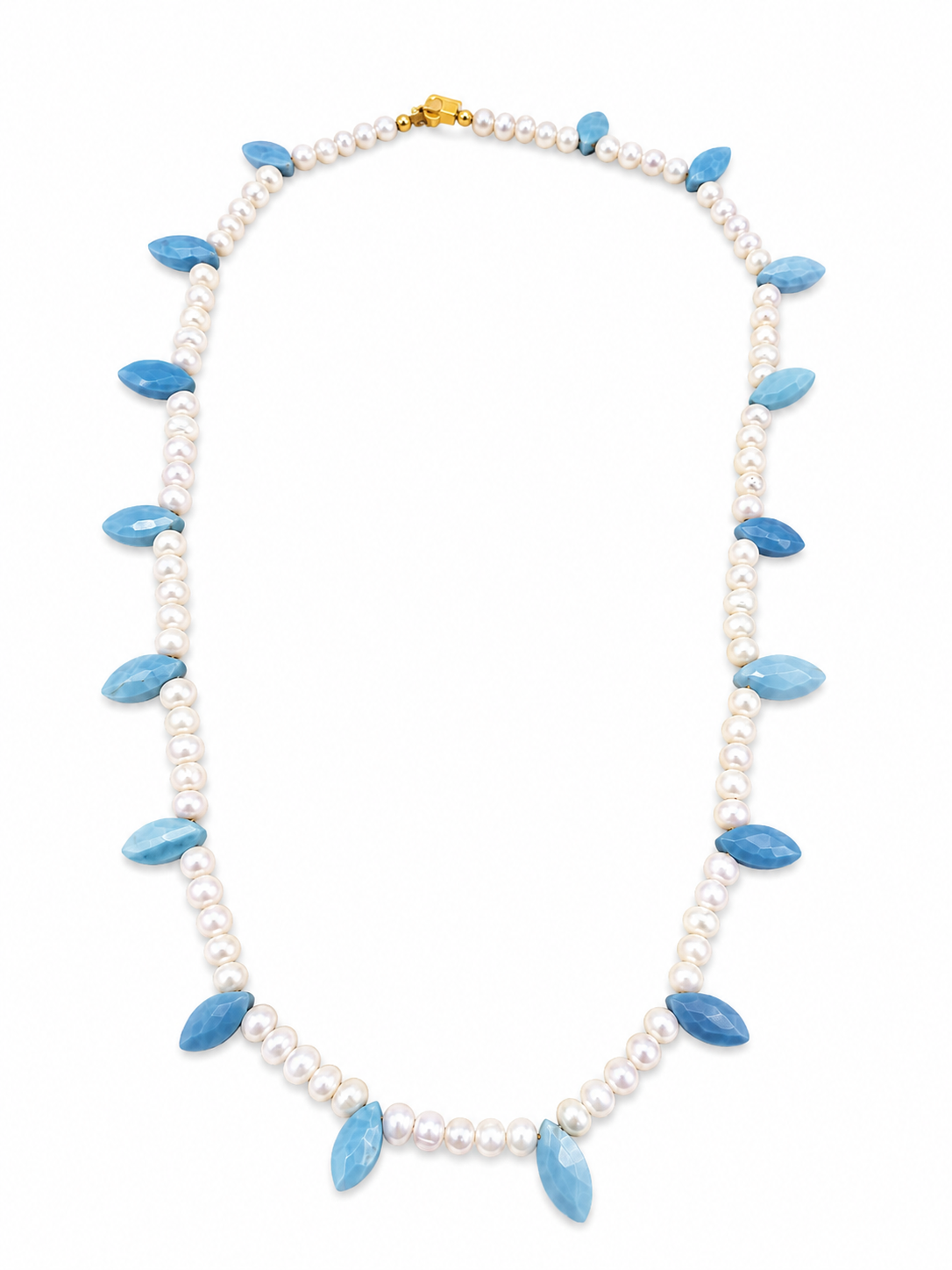 Collar de perla natural y  ópalo azul con broche de oro 10k