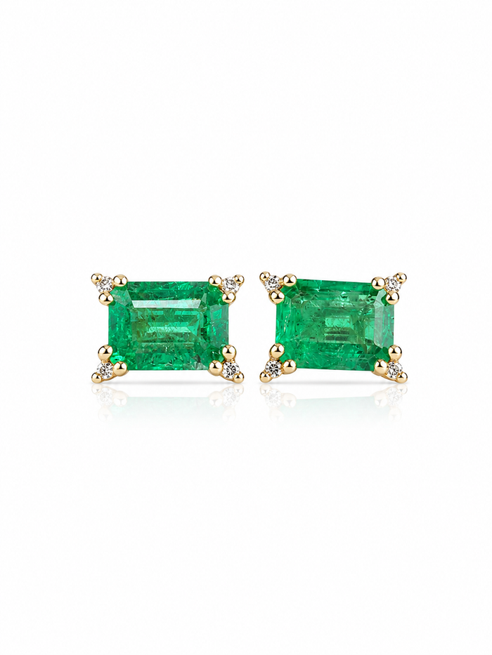Aretes Esmeralda con 4 mini diamantes en oro 14k