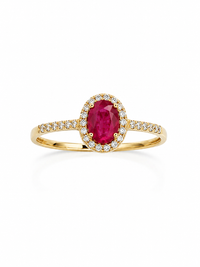 Anillo de rubi oval con halo diamantes en oro 14k