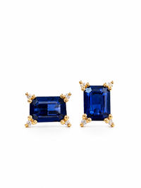 Arete rectangular de zafiro con 4 mini diamantes en oro 14k