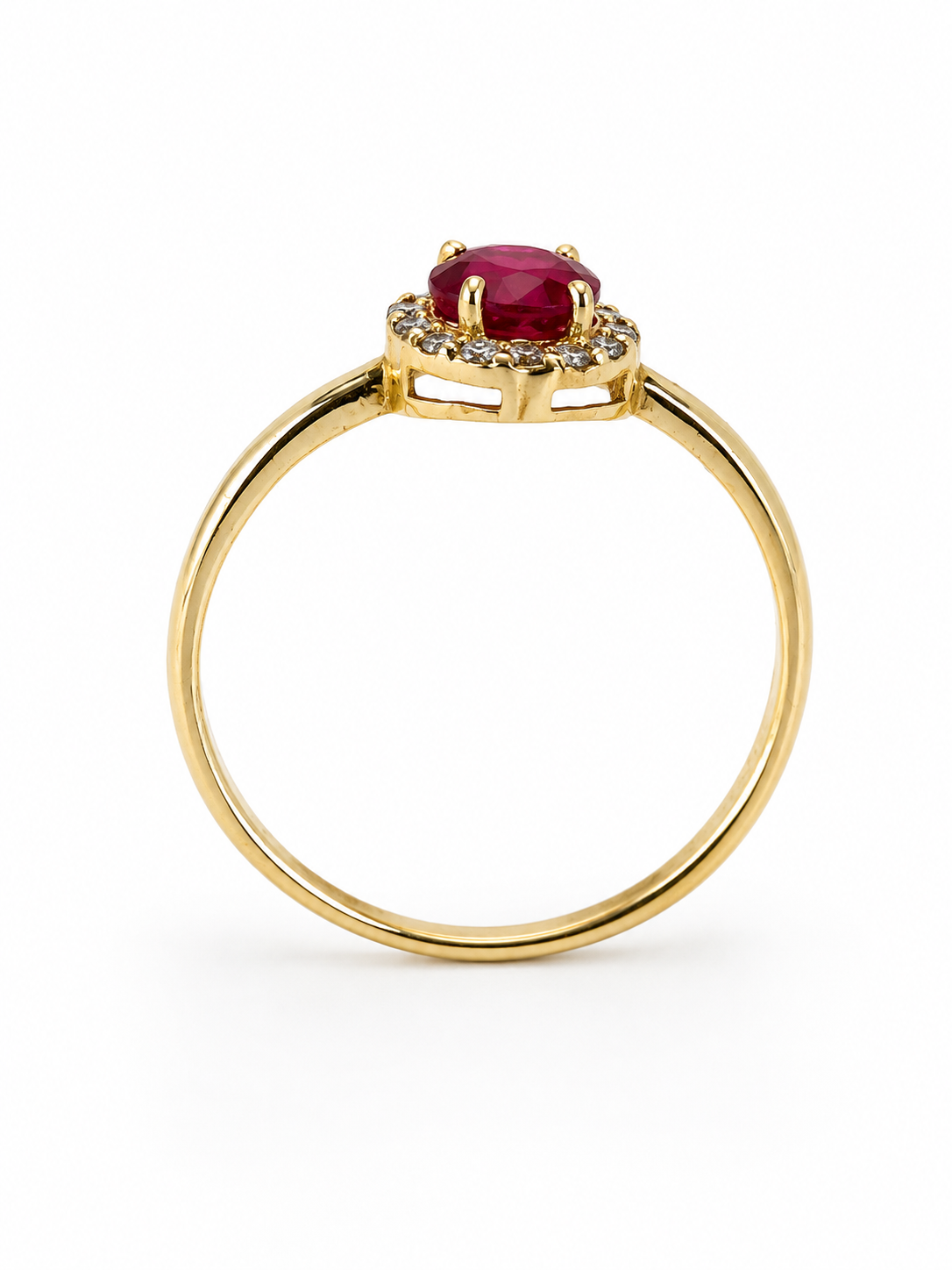 Anillo de rubi con halo de diamantes en oro 14k