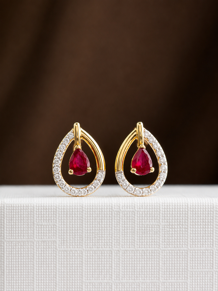 Arete gota de rubí con diamantes naturales en oro 14k