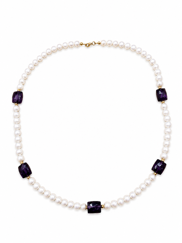 Collar de perla con amatista y broche oro 10k