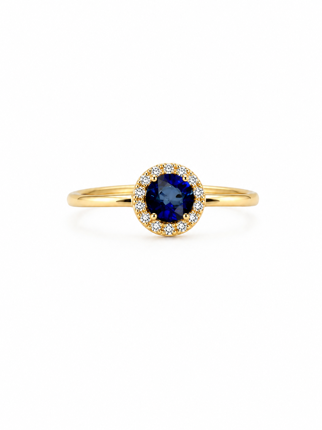 Anillo de zafiro con halo de diamantes en oro 14k
