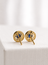 Arete de zafiro con halo de diamantes en oro 14k