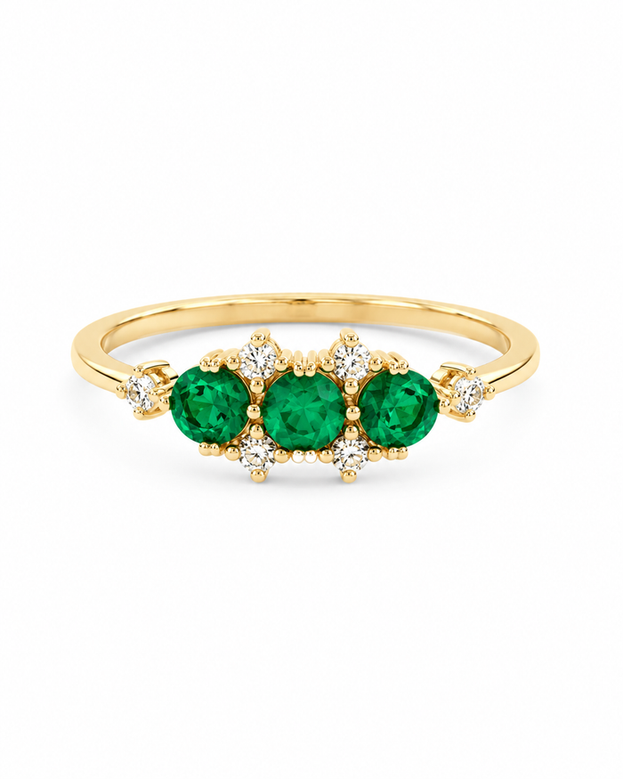 Anillo 3 esmeraldas en y diamantes naturales en oro 14k