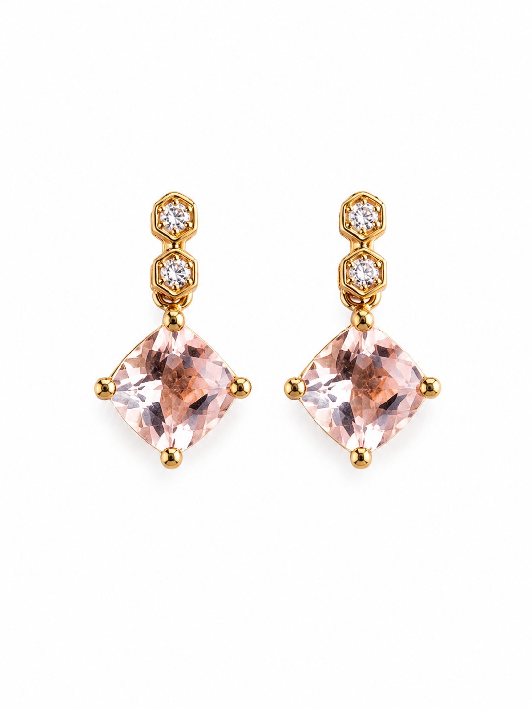 Arete de Morganita y 2 diamantes en oro 10k