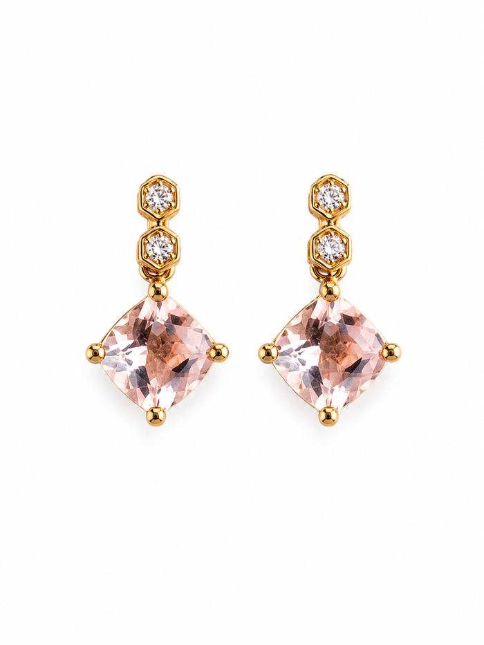 Arete de Morganita y 2 diamantes en oro 10k