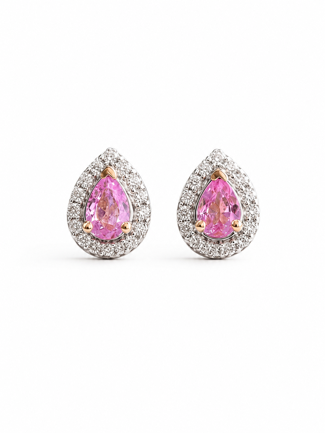 Arete gota Turmalina Rosa con halo de diamantes en oro 14k