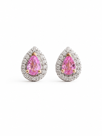 Arete gota Turmalina Rosa con halo de diamantes en oro 14k