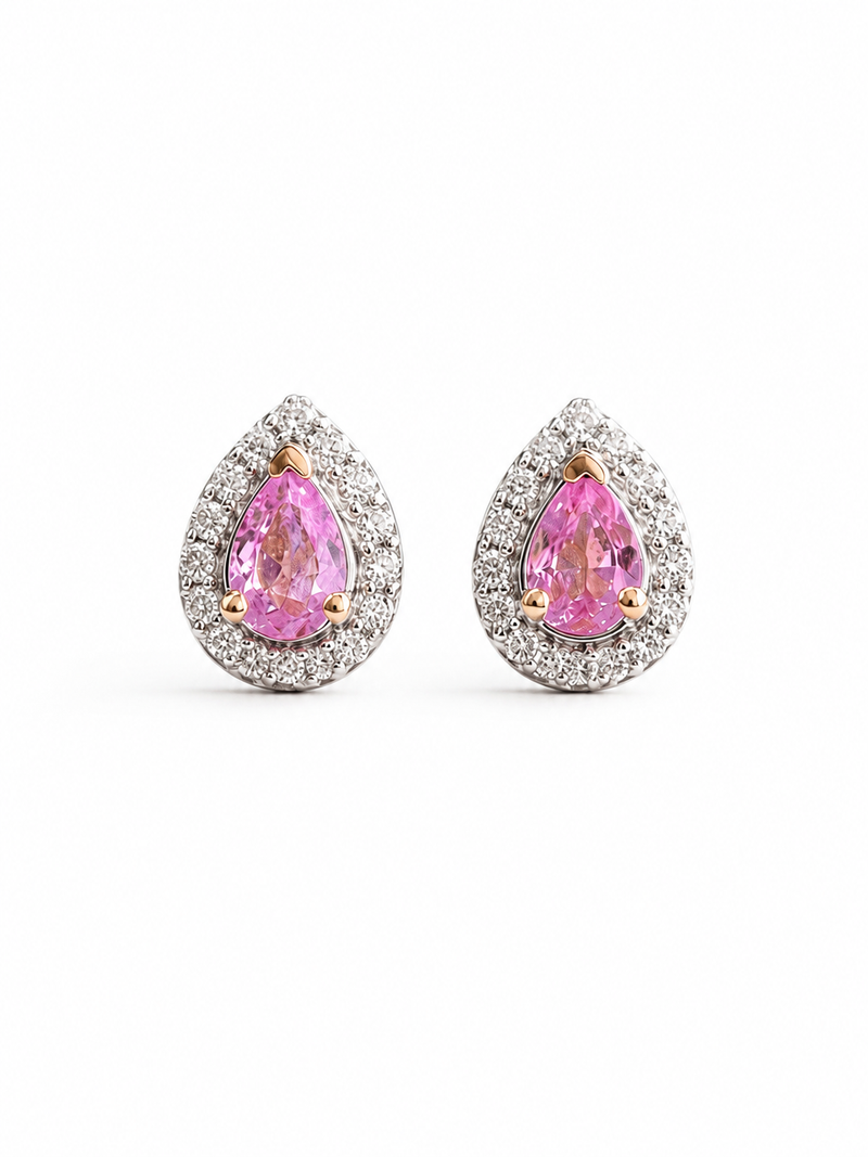 Arete gota Turmalina Rosa con halo de diamantes en oro 14k