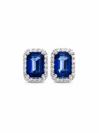 Arete de zafiro con halo de diamantes en oro blanco 14k