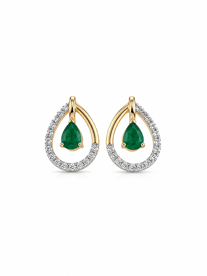 Arete gota de esmeralda con diamantes naturales en oro 14k