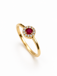 Anillo mini rubi con halo diamantes en oro 14k
