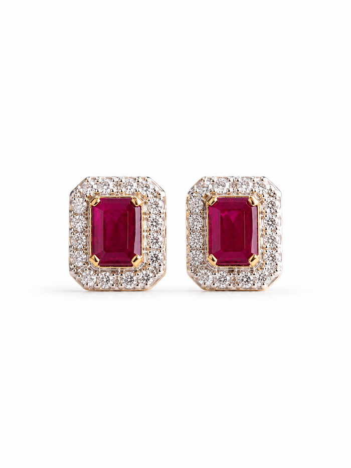 Arete rectangular rubí con halo de diamantes en oro 14k
