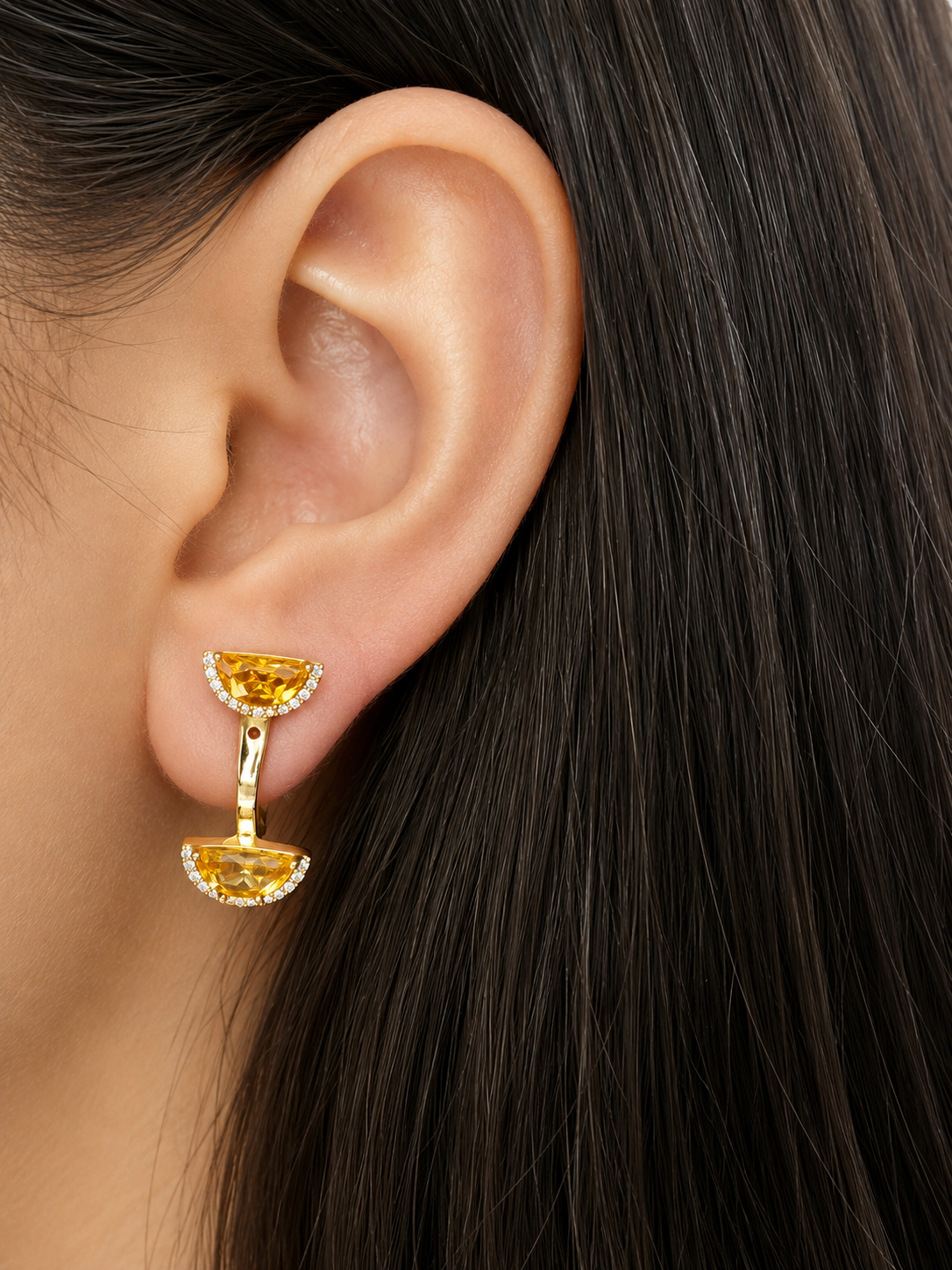 Arete de citrino con diamantes en oro 14k