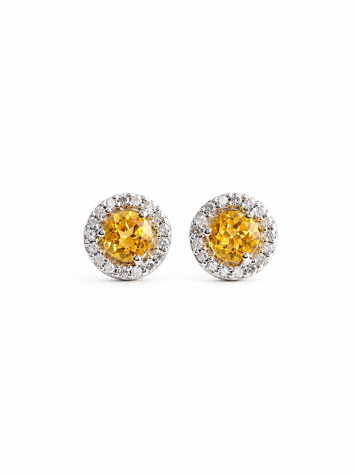 Aretes de citrino con halo de diamantes en oro 14k