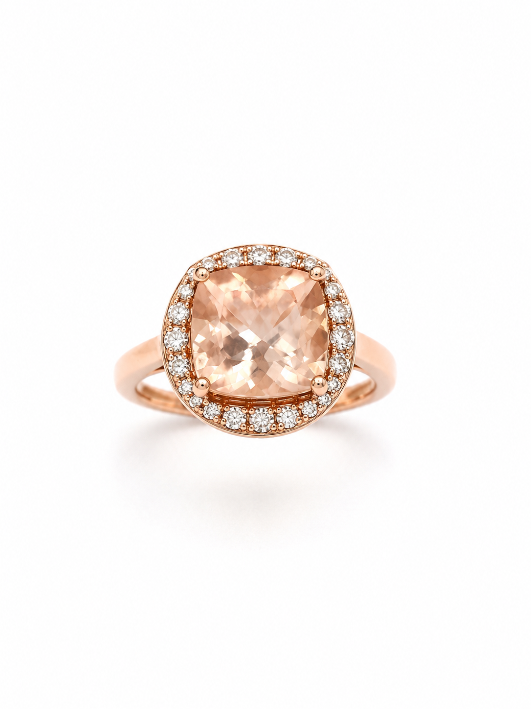 Anillo morganita con halo de diamantes en oro rosa 14k