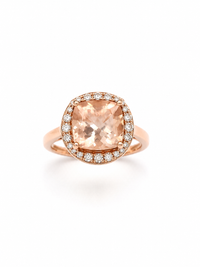 Anillo morganita con halo de diamantes en oro rosa 14k