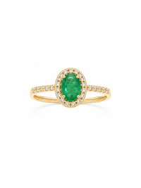 Anillo oval de esmeralda con halo de diamantes naturales en oro 14k