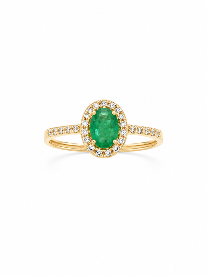 Anillo oval de esmeralda con halo de diamantes naturales en oro 14k